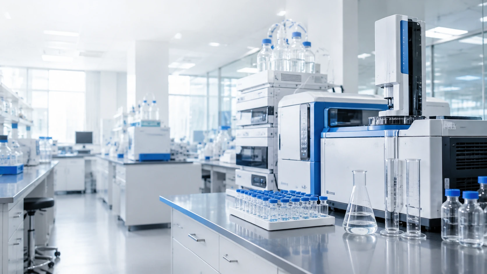 Illustrative chemistry laboratory with chromatography instruments and sample vials