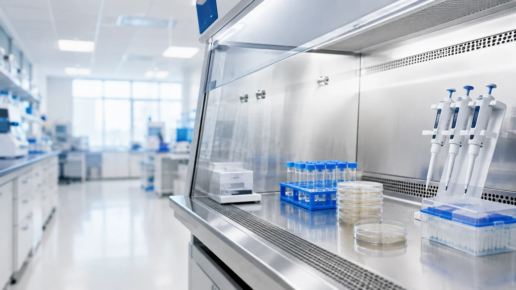 Illustrative microbiology workstation with culture plates, tubes, and pipettes