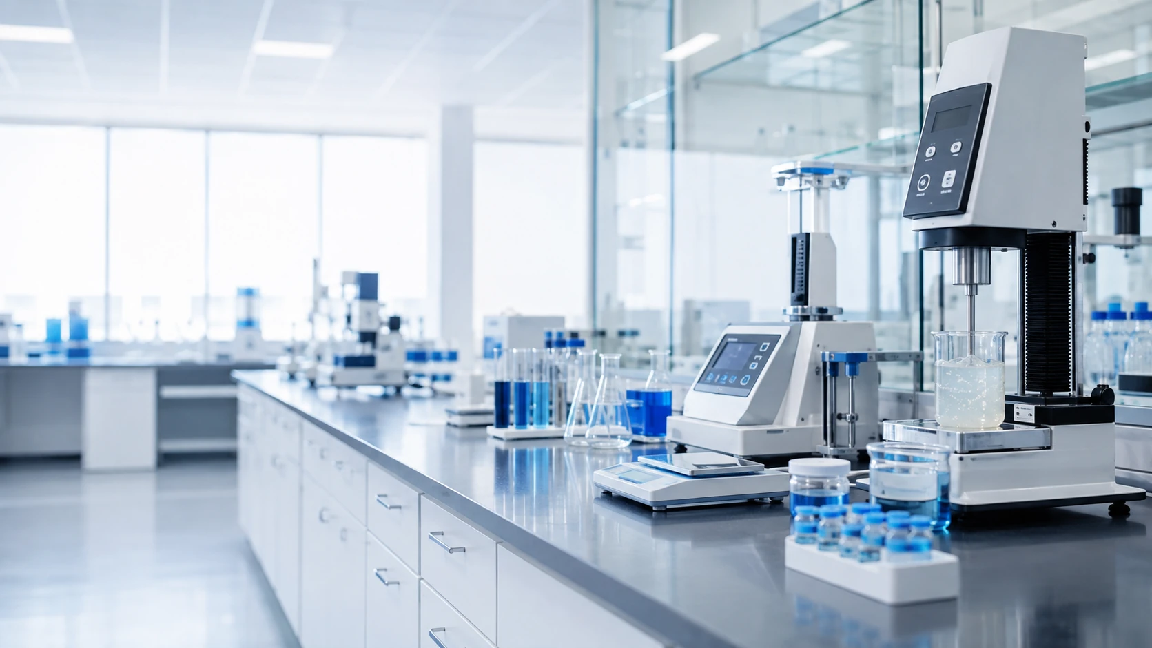 Illustrative physical testing bench with viscometer and balance